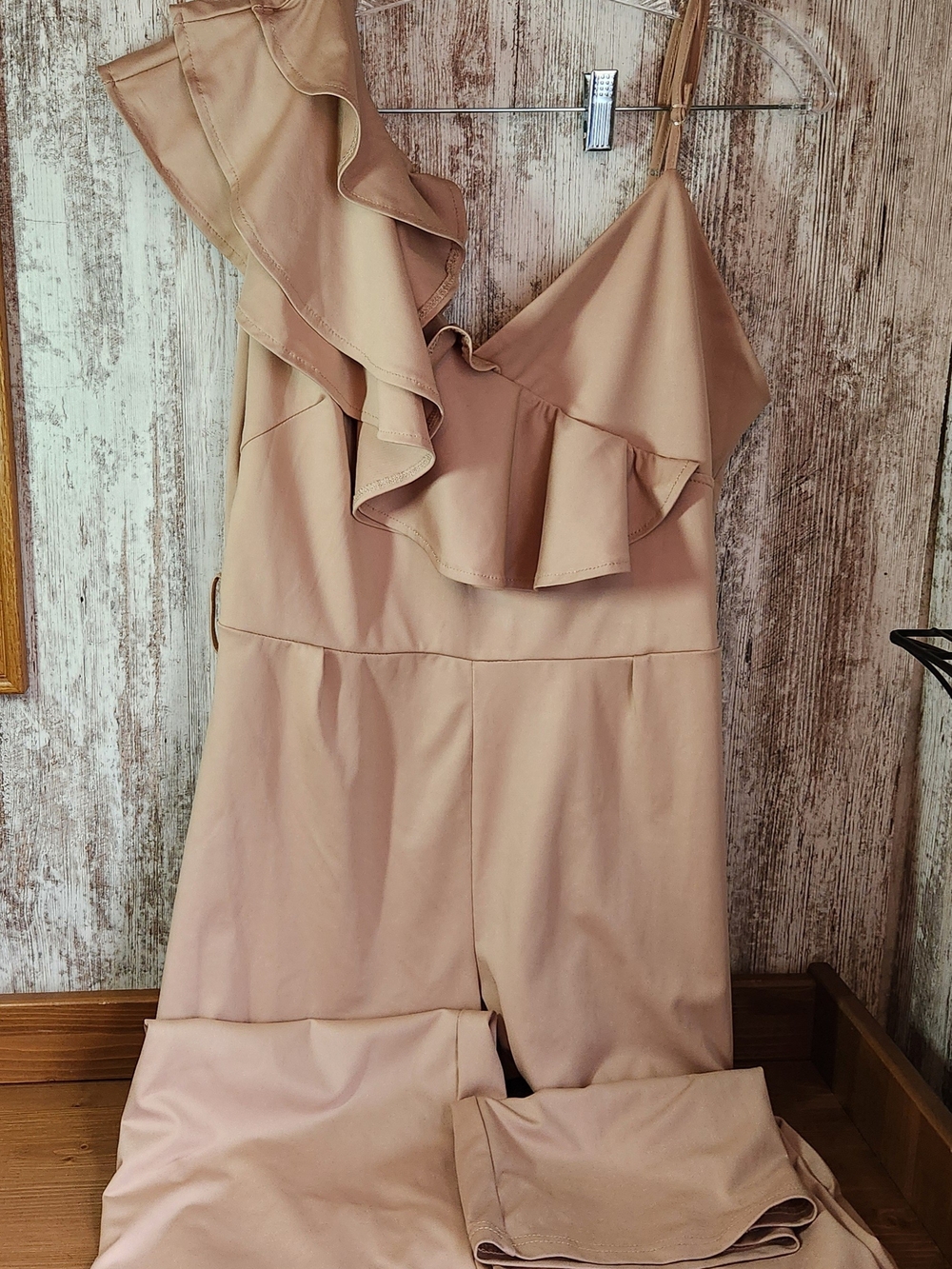 Nude Beige One-Shoulder Asymmetrical Ruffle Wide-Leg Jumpsuit Size Large